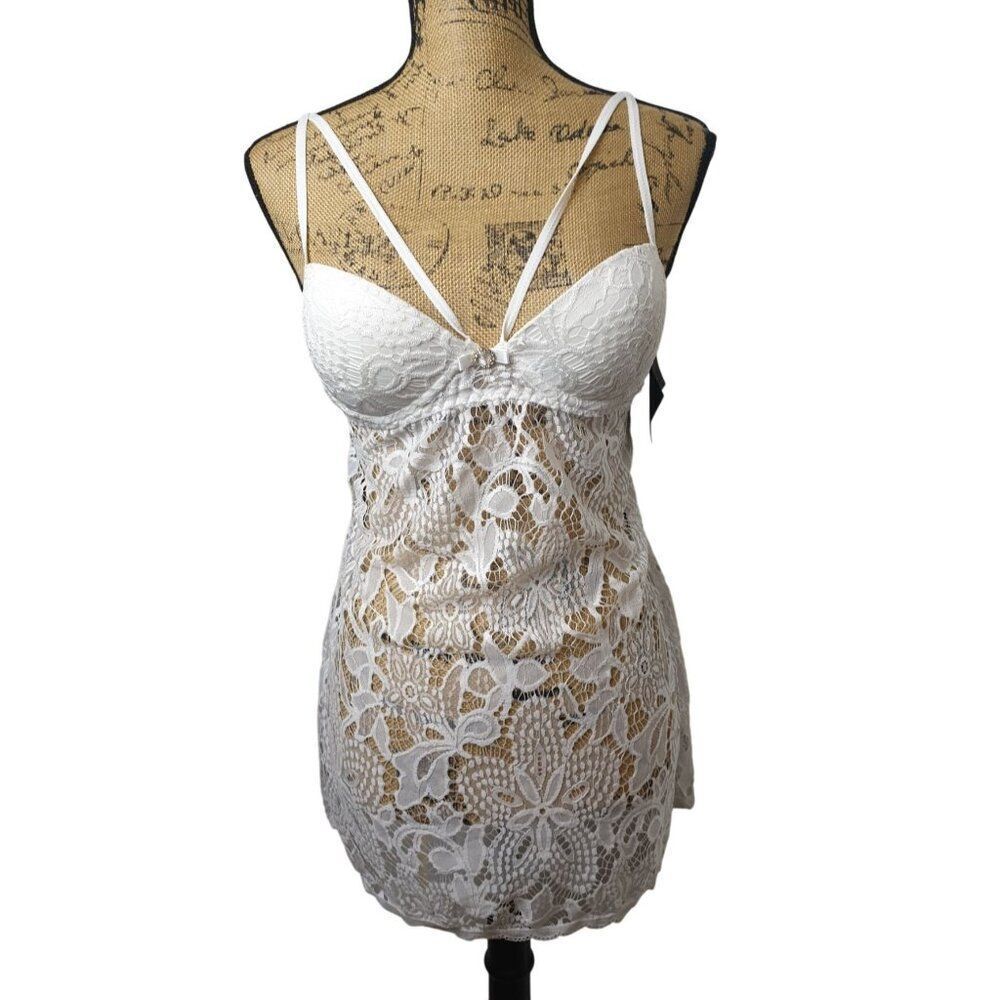 White Lace Lingerie Babydoll S Sheer Nightgown Strappy Rhinestone Bow Detail NEW